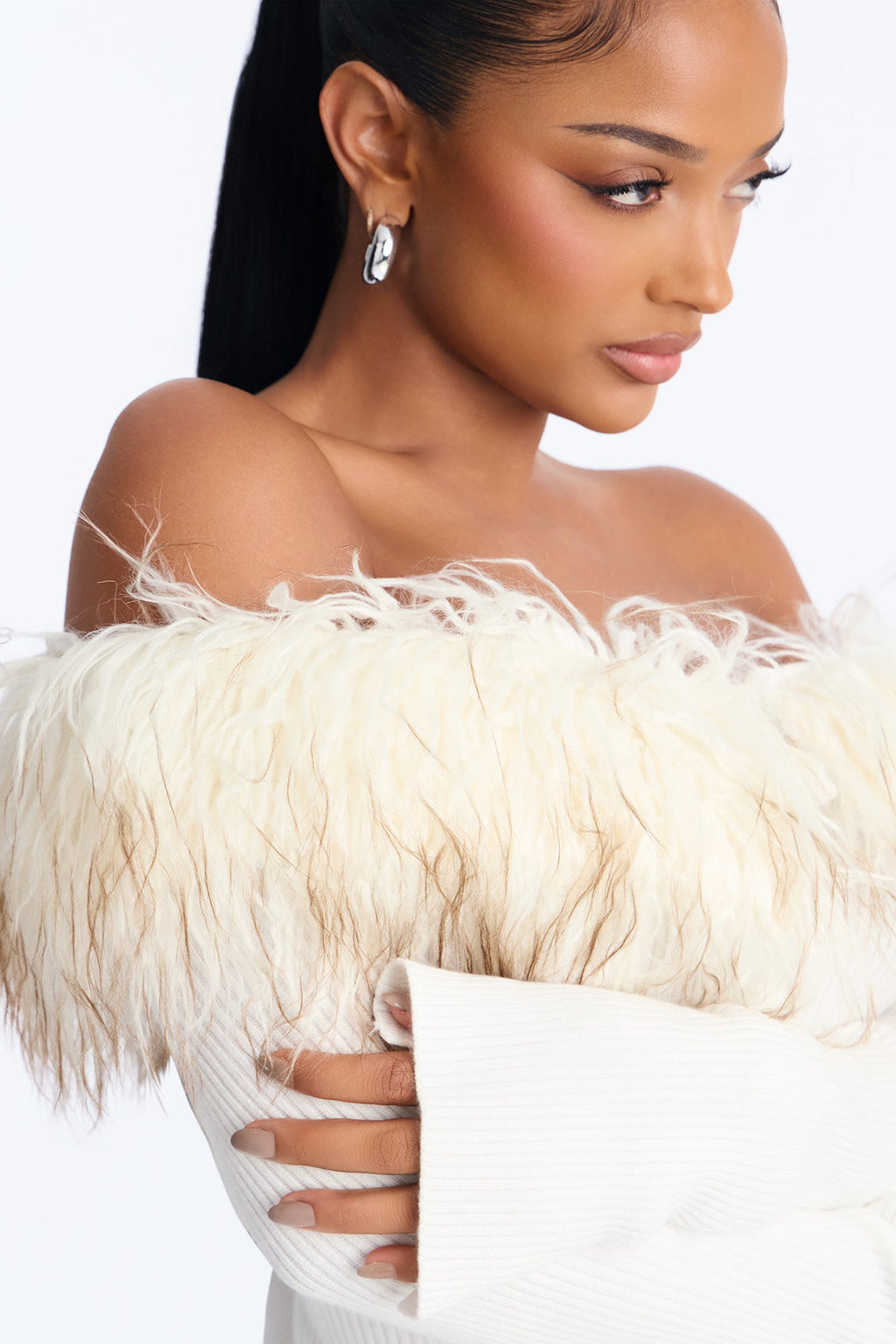 Mala Off Shoulder Fur Cardigan - Cream