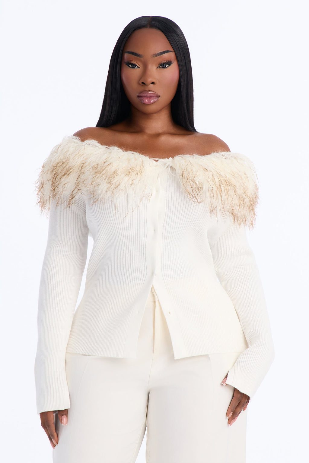 Mala Off Shoulder Fur Cardigan - Cream