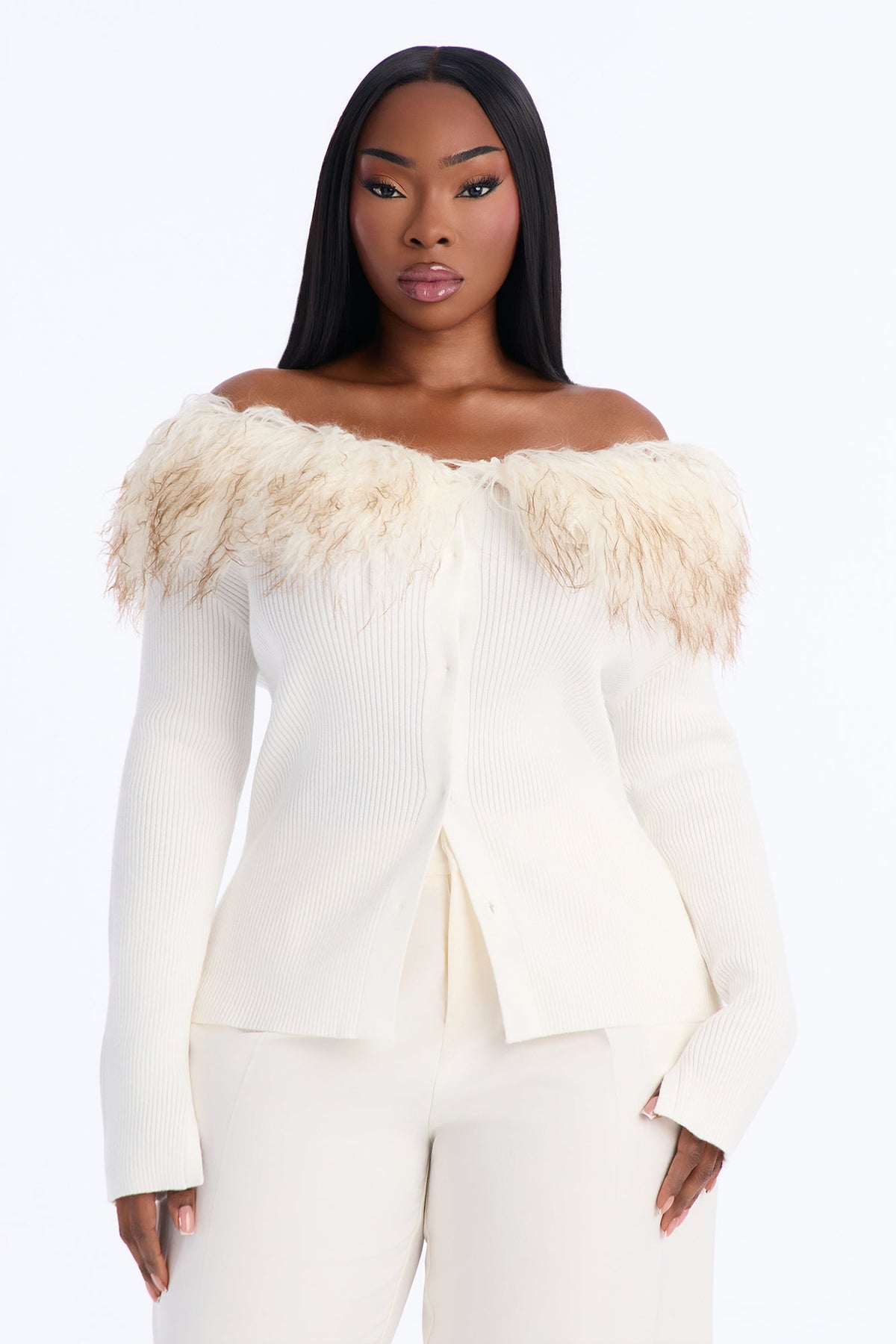 Mala Off Shoulder Fur Cardigan - Cream