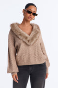 Fully Yours Fur Cable Knit Pullover Sweater - Taupe