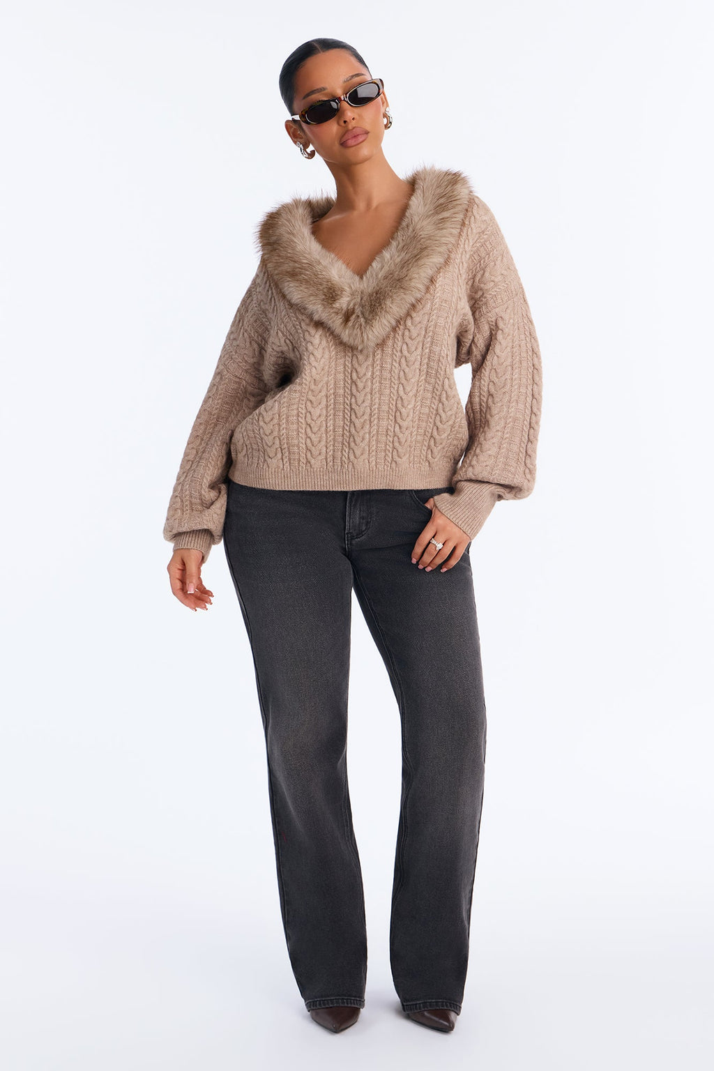 Fully Yours Fur Cable Knit Pullover Sweater - Taupe
