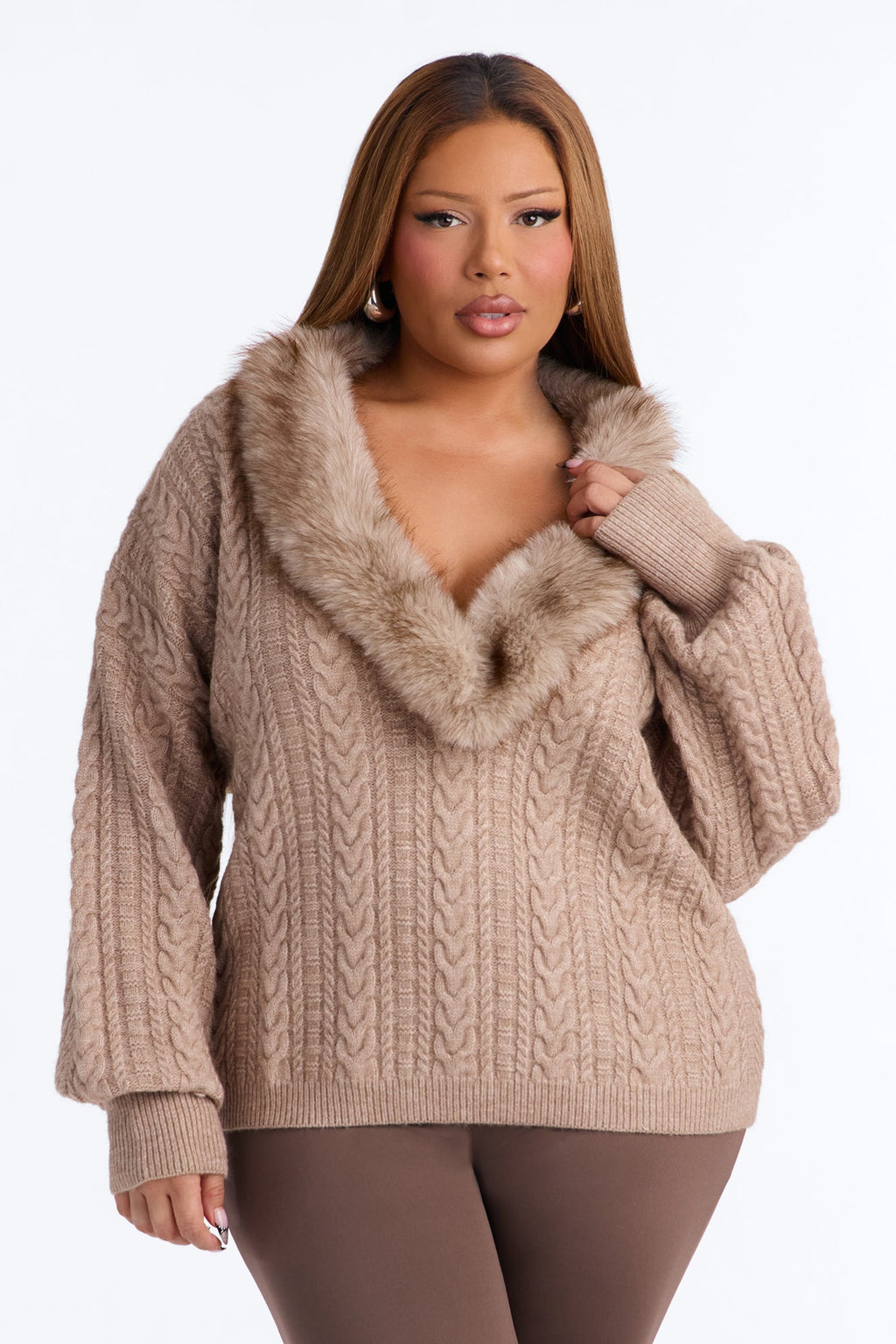 Fully Yours Fur Cable Knit Pullover Sweater - Taupe