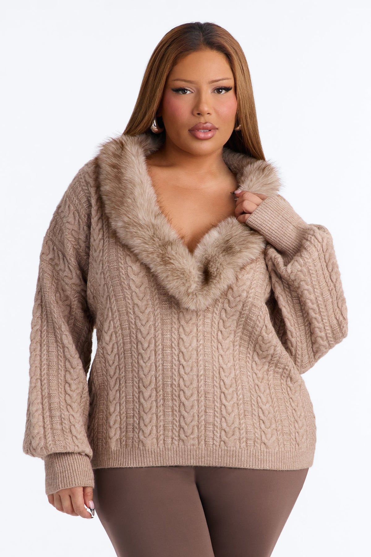 Fully Yours Fur Cable Knit Pullover Sweater - Taupe
