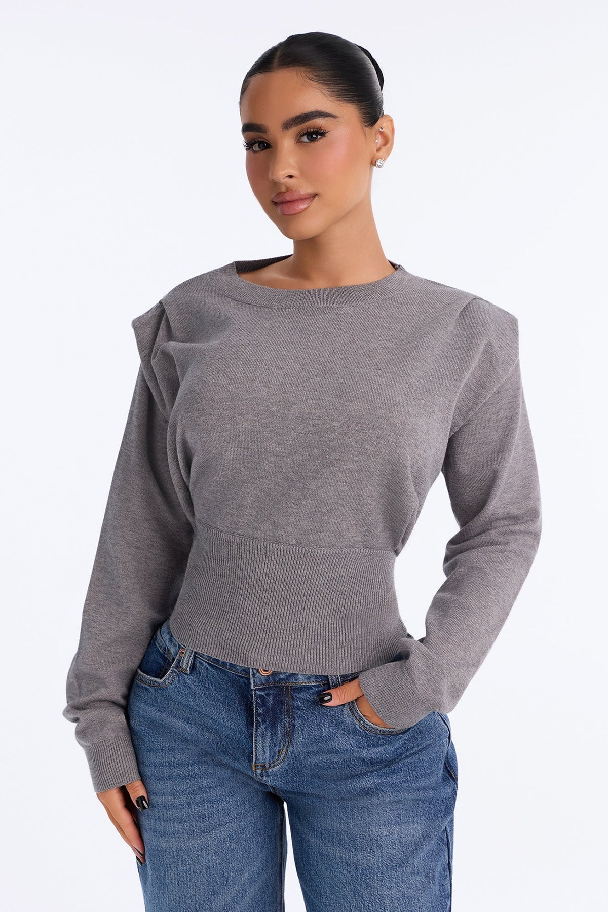 Show It Square Shoulder Pullover Sweater - Charcoal