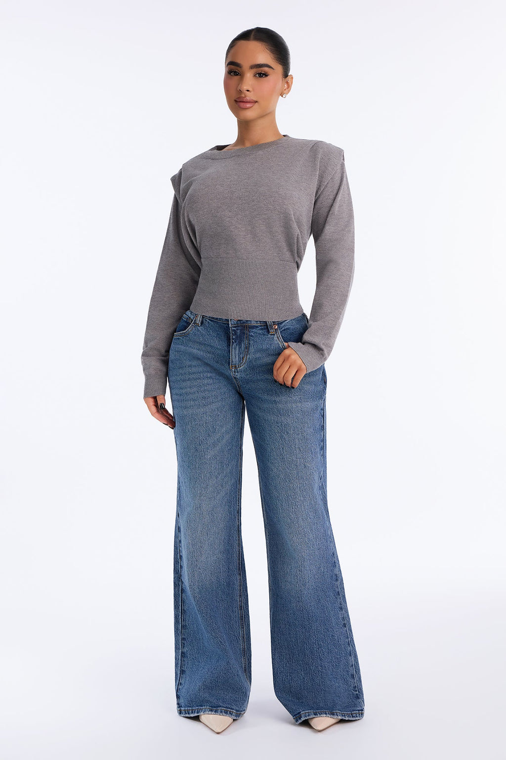Show It Square Shoulder Pullover Sweater - Charcoal