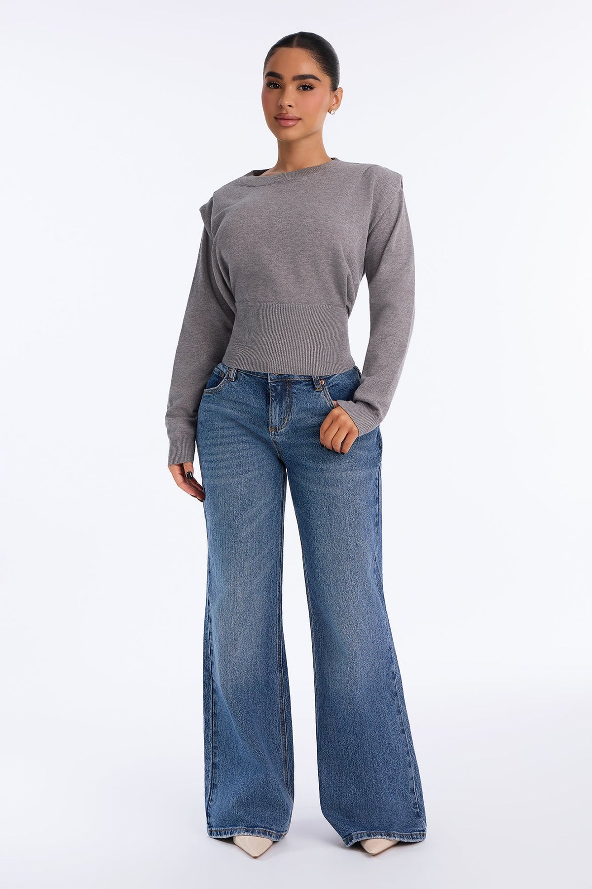 Show It Square Shoulder Pullover Sweater - Charcoal