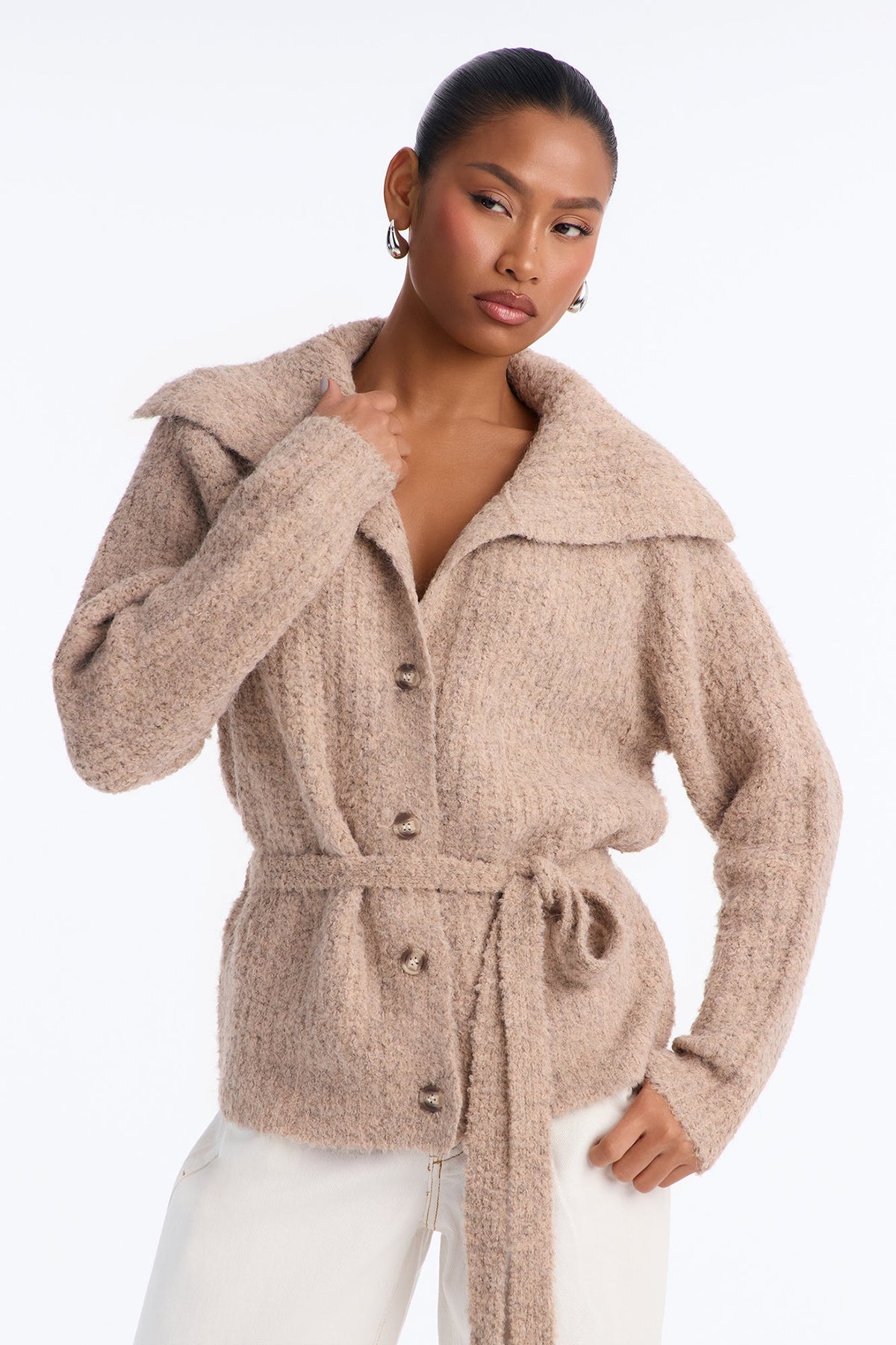 Chai Kiss Chunky Tie Waist Cardigan - Oatmeal