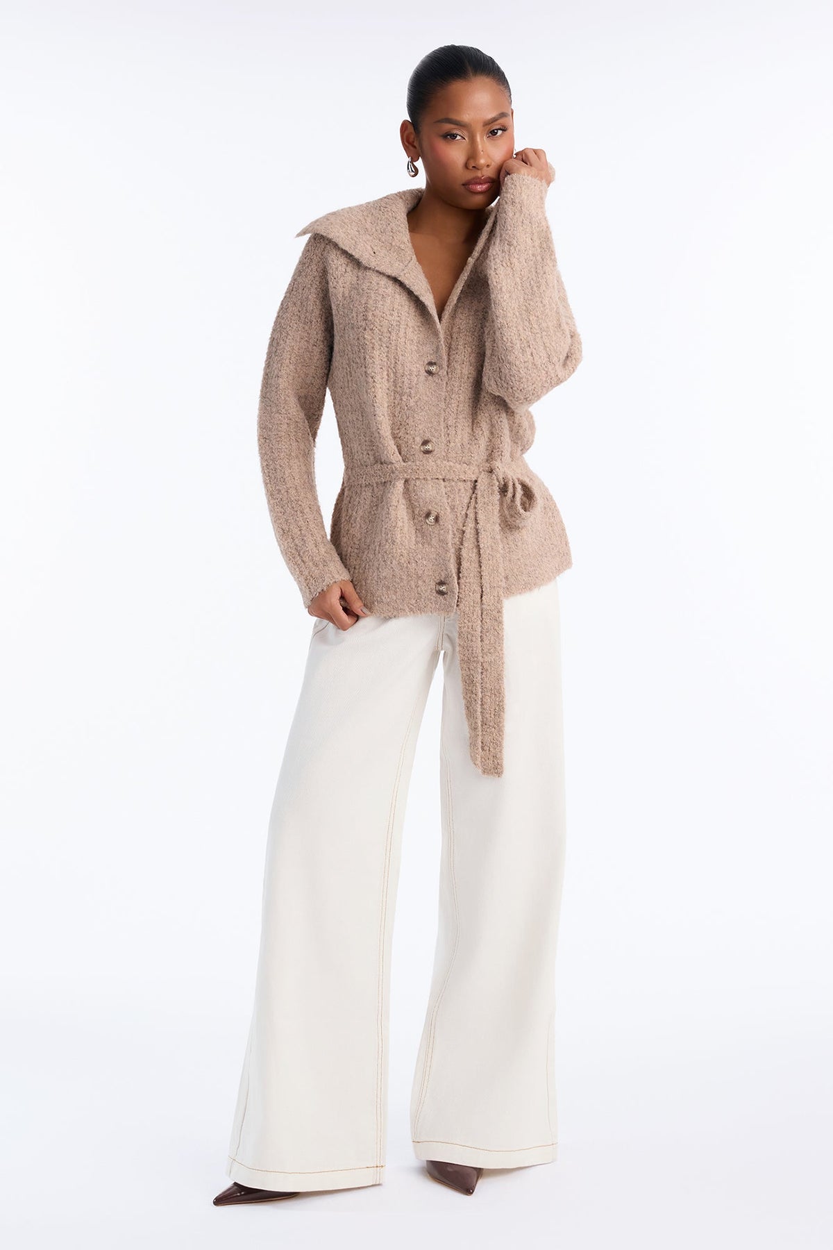Chai Kiss Chunky Tie Waist Cardigan - Oatmeal