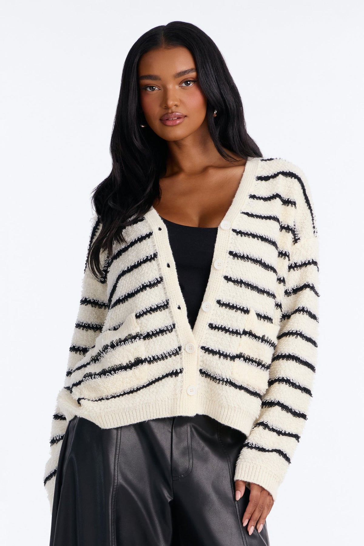 Miriam Striped Button Up Cardigan - White/Black