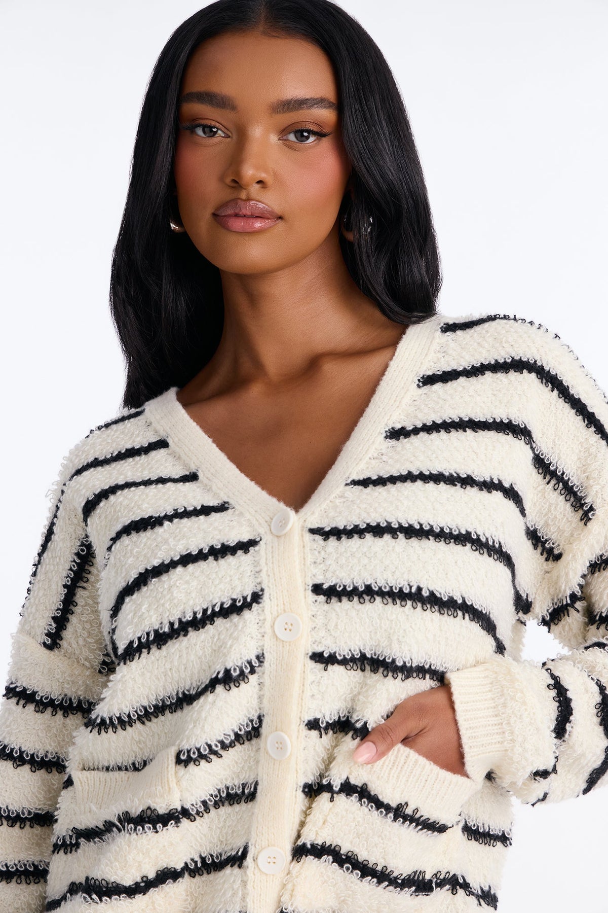 Miriam Striped Button Up Cardigan - White/Black
