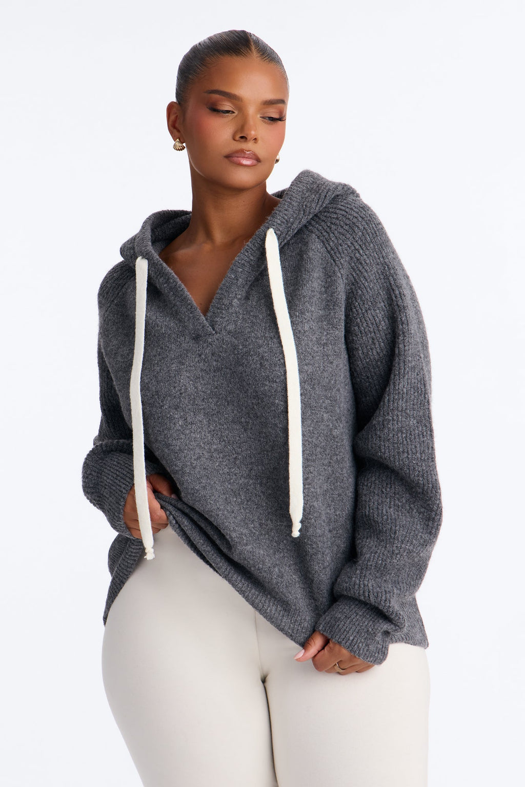 Dani Hooded Long Sleeve Pullover Sweater - Charcoal/combo