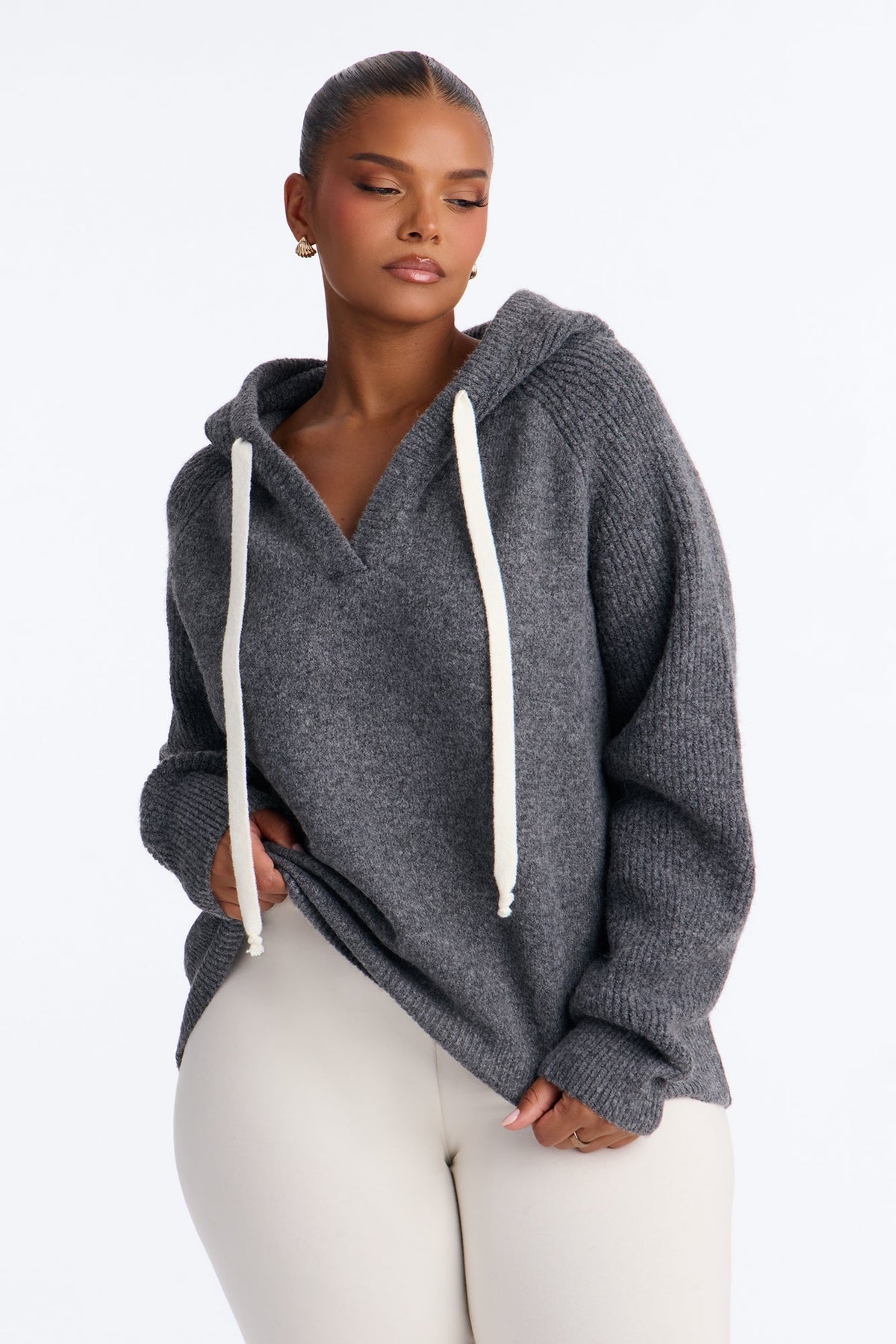 Dani Hooded Long Sleeve Pullover Sweater - Charcoal/combo
