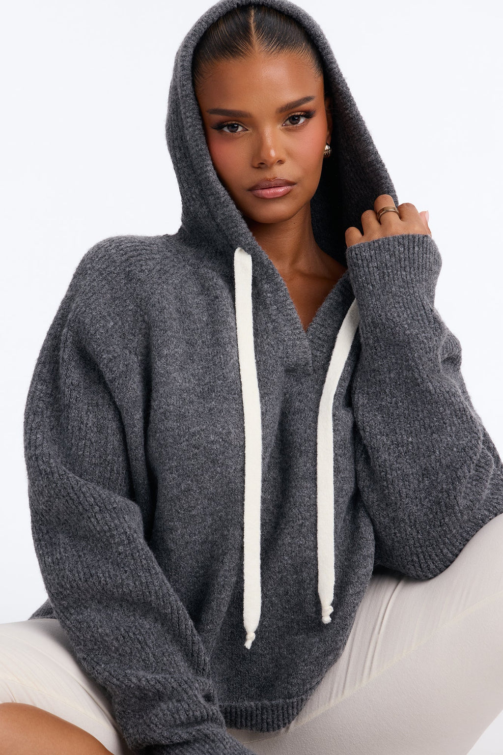 Dani Hooded Long Sleeve Pullover Sweater - Charcoal/combo