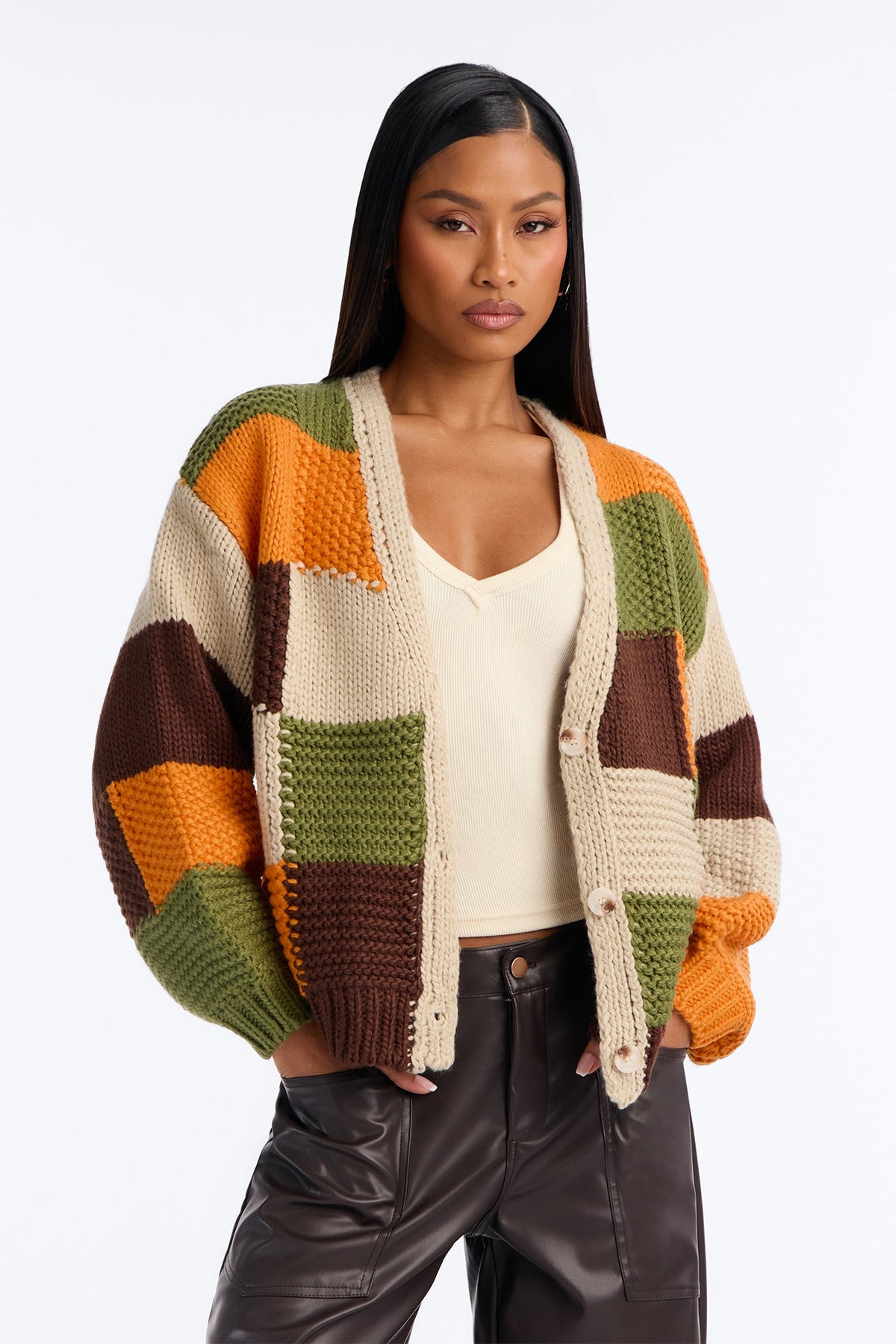 Lucy Chunky Knit Colorblock Cardigan - Olive/combo