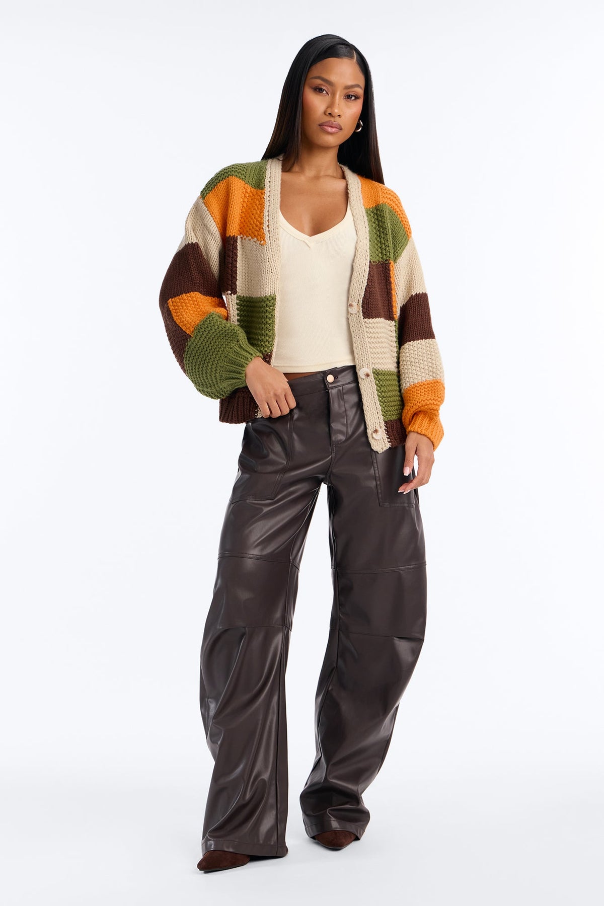 Lucy Chunky Knit Colorblock Cardigan - Olive/combo
