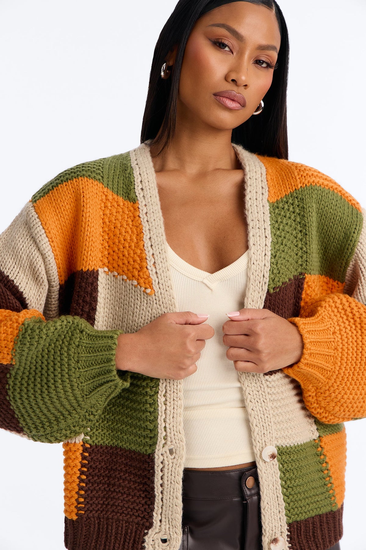 Lucy Chunky Knit Colorblock Cardigan - Olive/combo