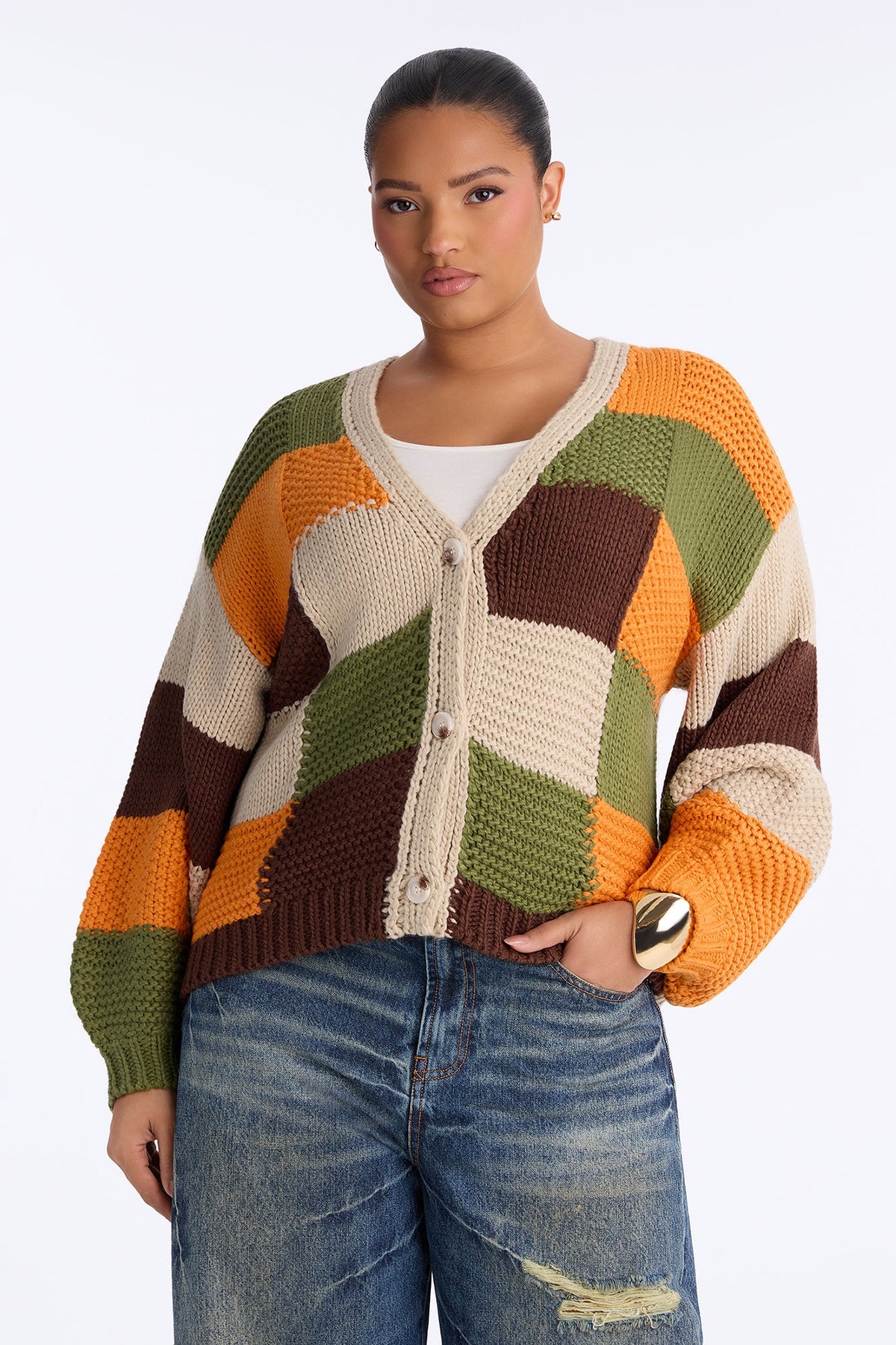 Lucy Chunky Knit Colorblock Cardigan - Olive/combo