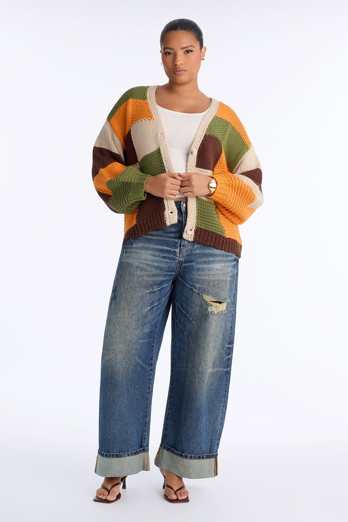 Lucy Chunky Knit Colorblock Cardigan - Olive/combo
