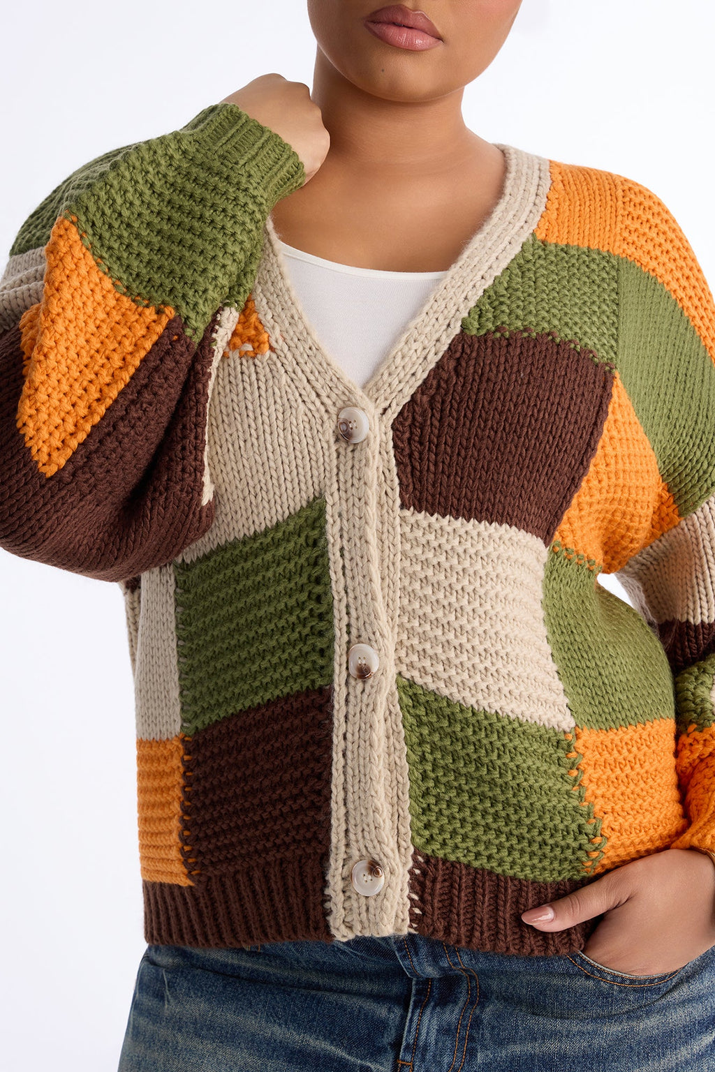 Lucy Chunky Knit Colorblock Cardigan - Olive/combo