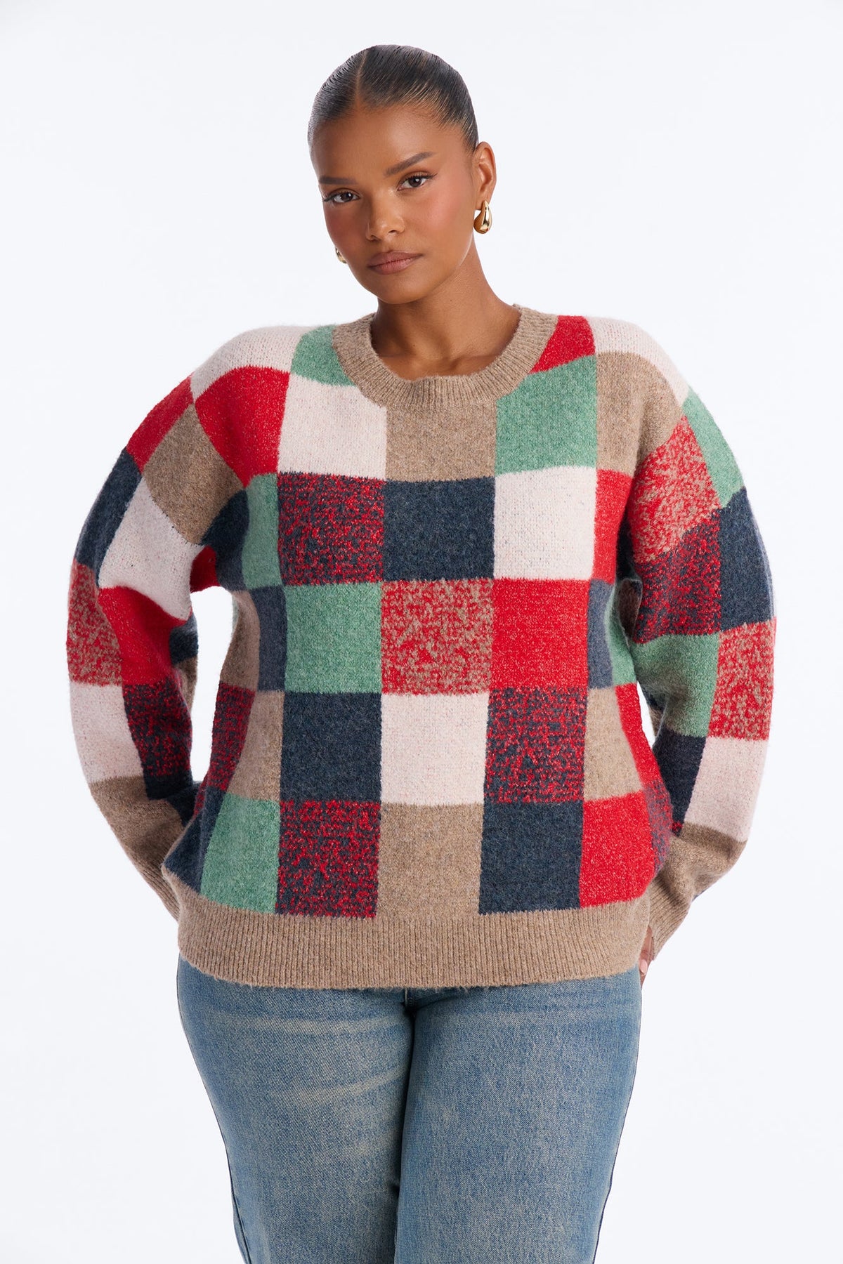 Anya Colorblock Pullover Sweater - Red/combo