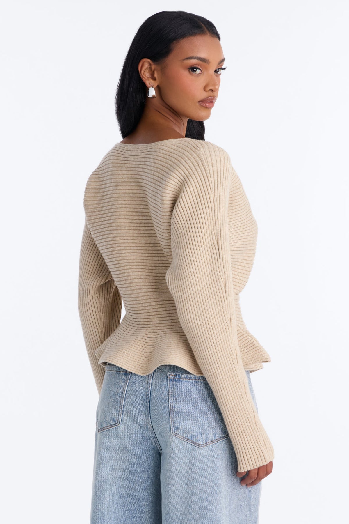 Spice Me Ribbed Peplum Pullover Sweater - Oatmeal