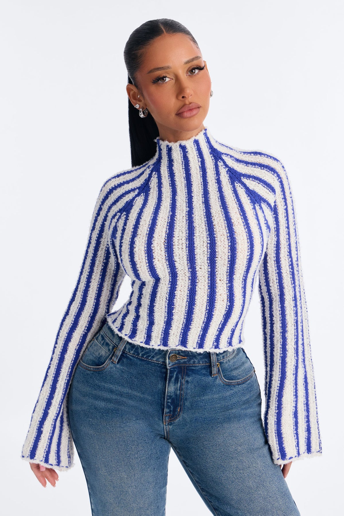 Rina Striped Mock Neck Pullover Sweater - Royal/combo