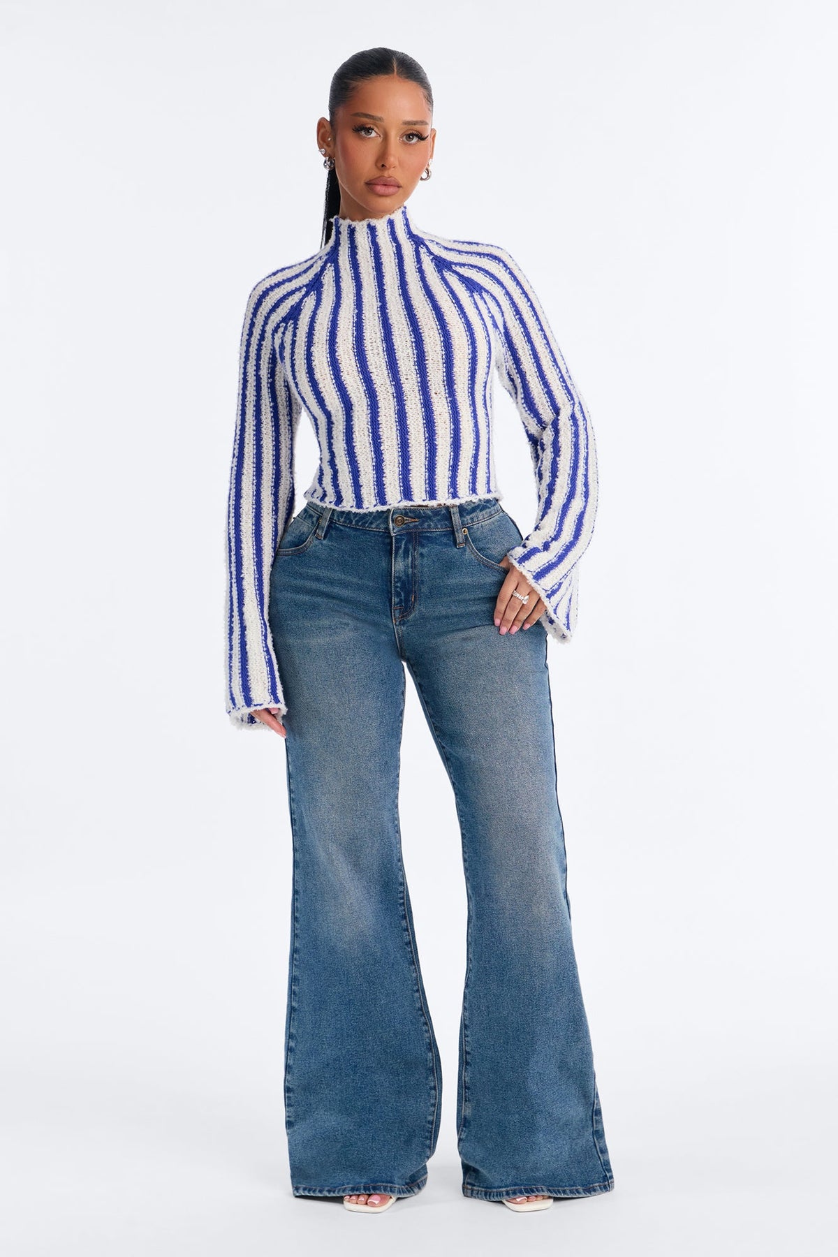 Rina Striped Mock Neck Pullover Sweater - Royal/combo