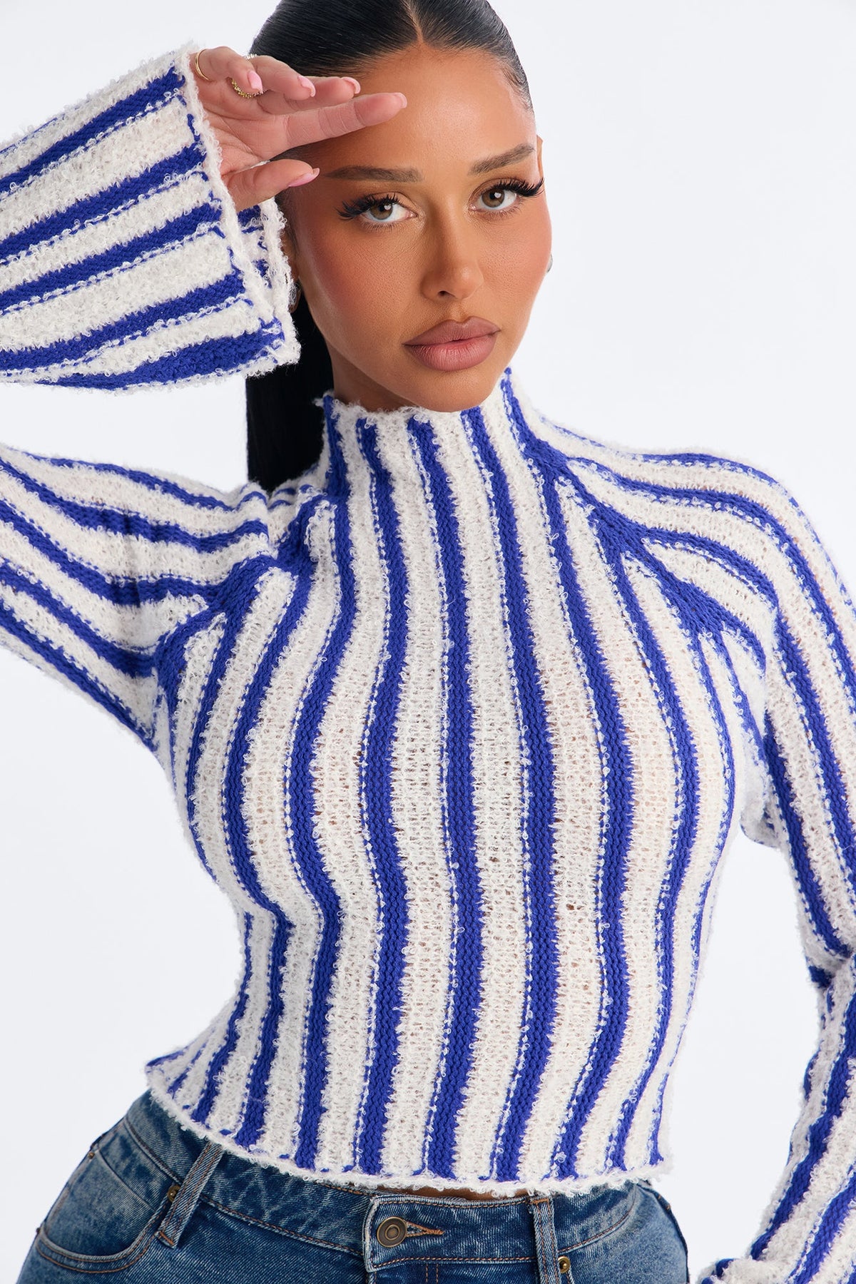 Rina Striped Mock Neck Pullover Sweater - Royal/combo