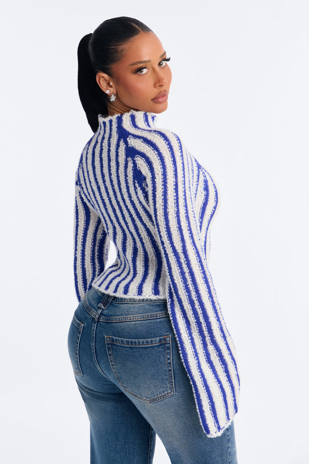 Rina Striped Mock Neck Pullover Sweater - Royal/combo