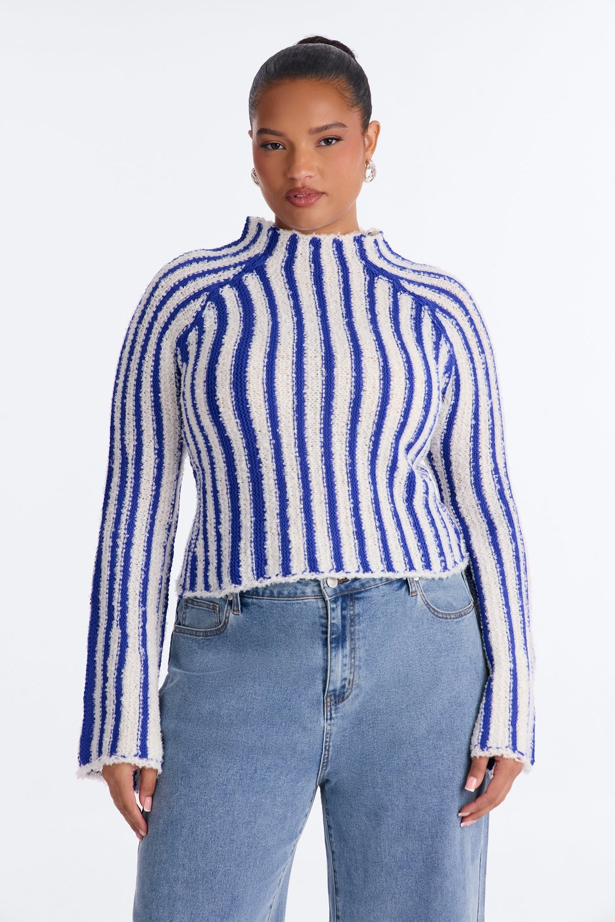 Rina Striped Mock Neck Pullover Sweater - Royal/combo