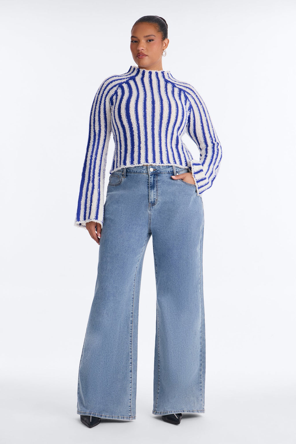 Rina Striped Mock Neck Pullover Sweater - Royal/combo
