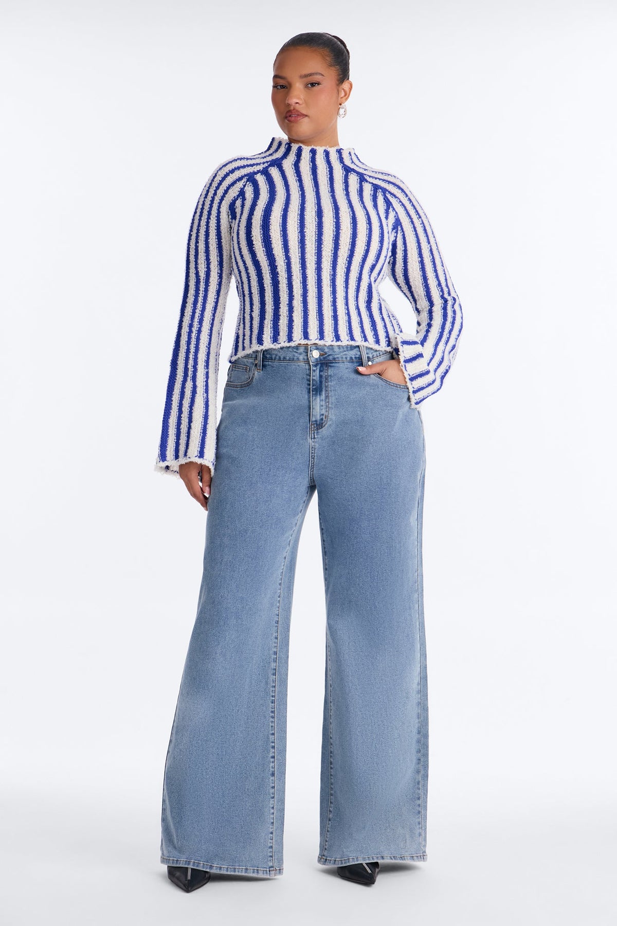 Rina Striped Mock Neck Pullover Sweater - Royal/combo
