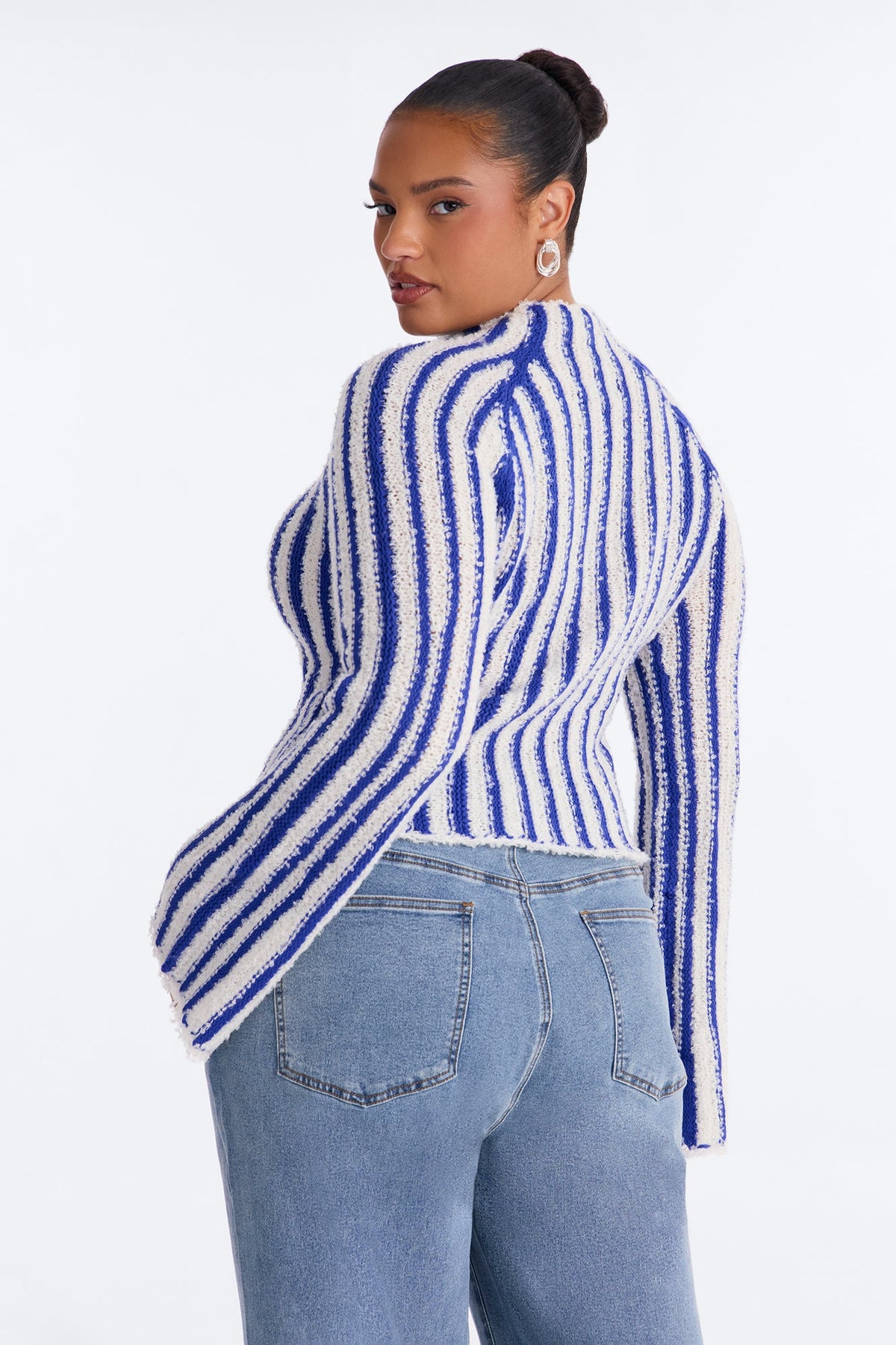 Rina Striped Mock Neck Pullover Sweater - Royal/combo