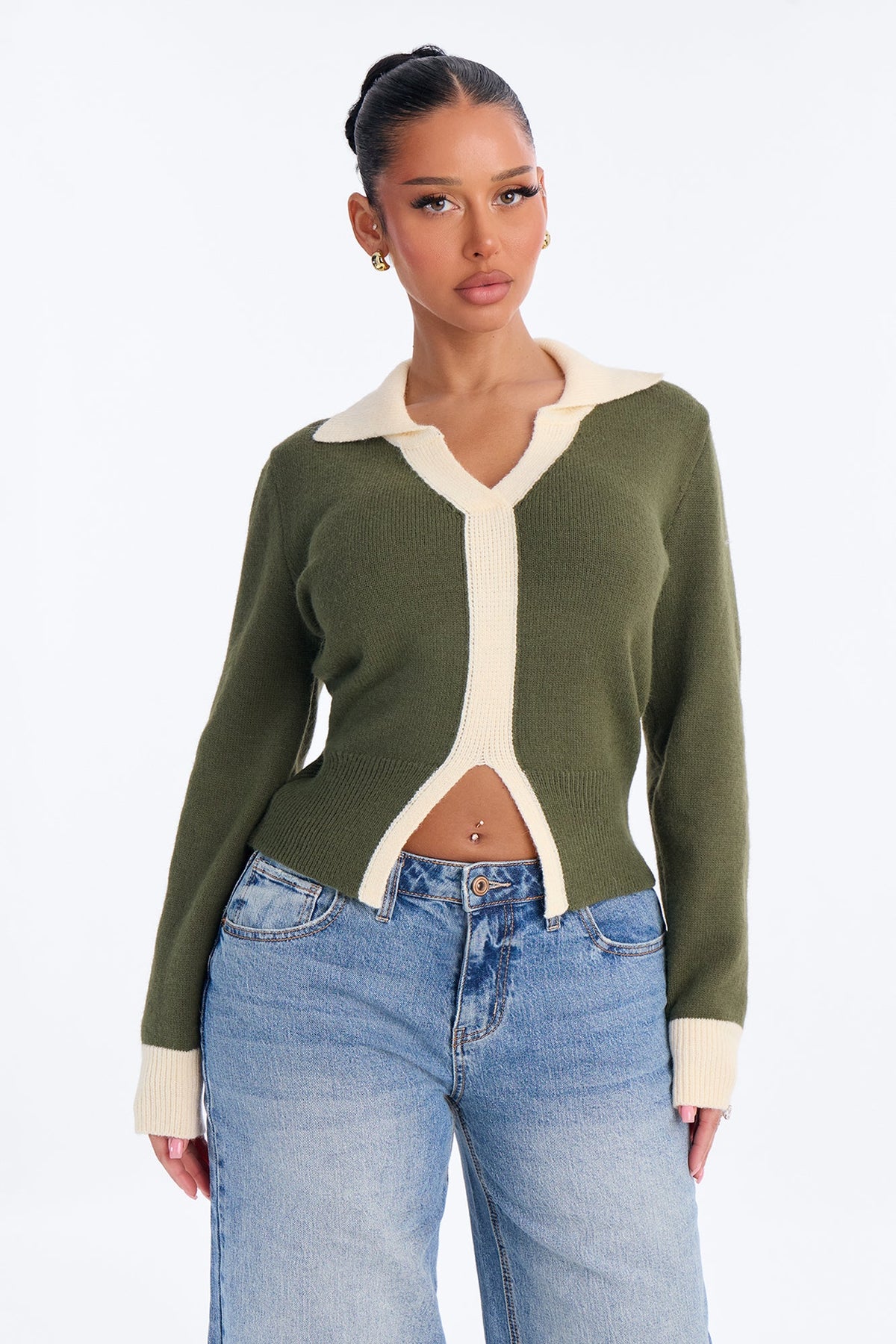 All About It Contrast Pullover Sweater - Olive/combo
