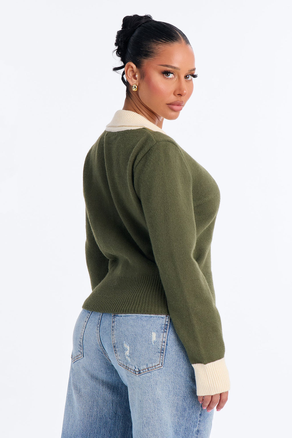 All About It Contrast Pullover Sweater - Olive/combo