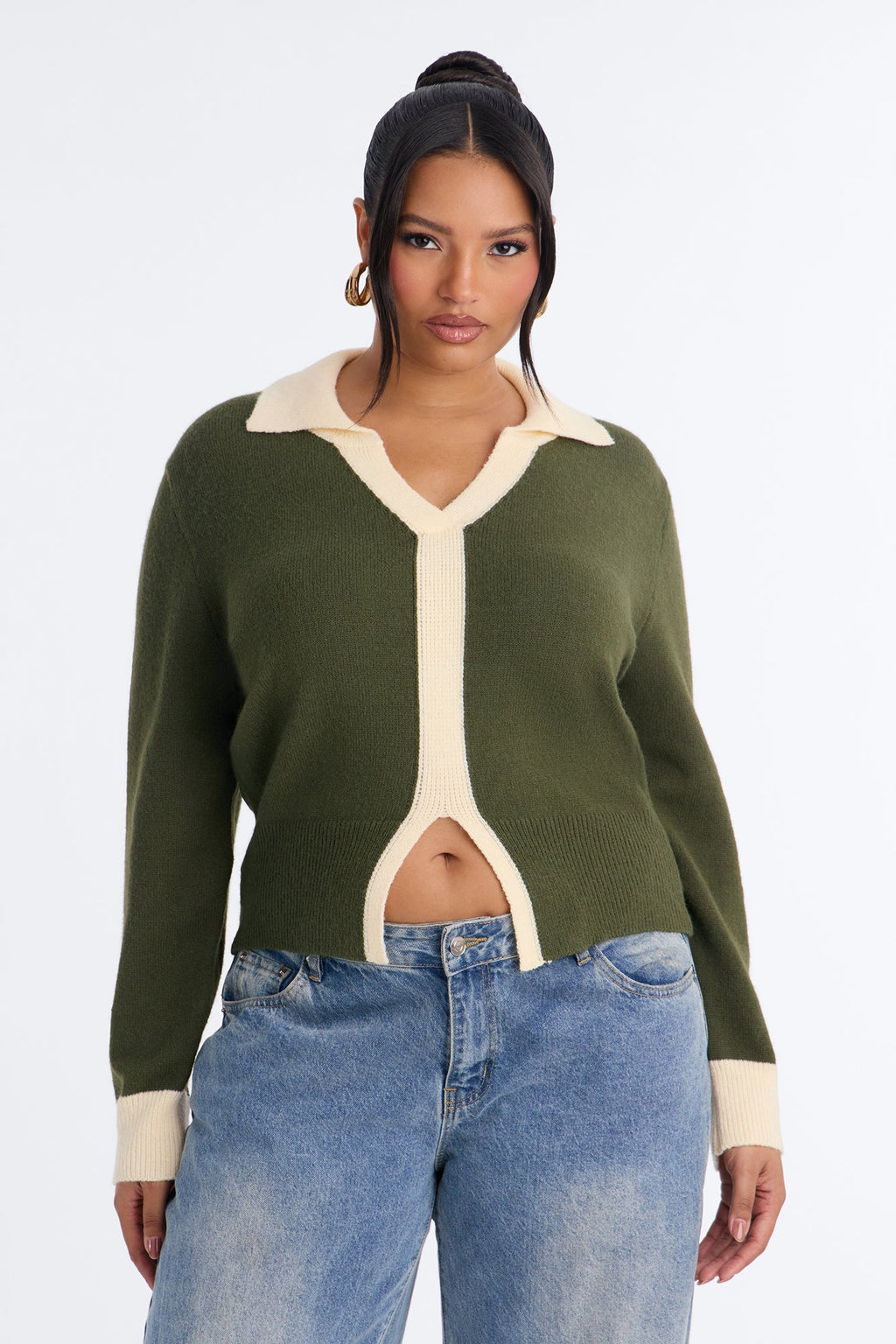 All About It Contrast Pullover Sweater - Olive/combo
