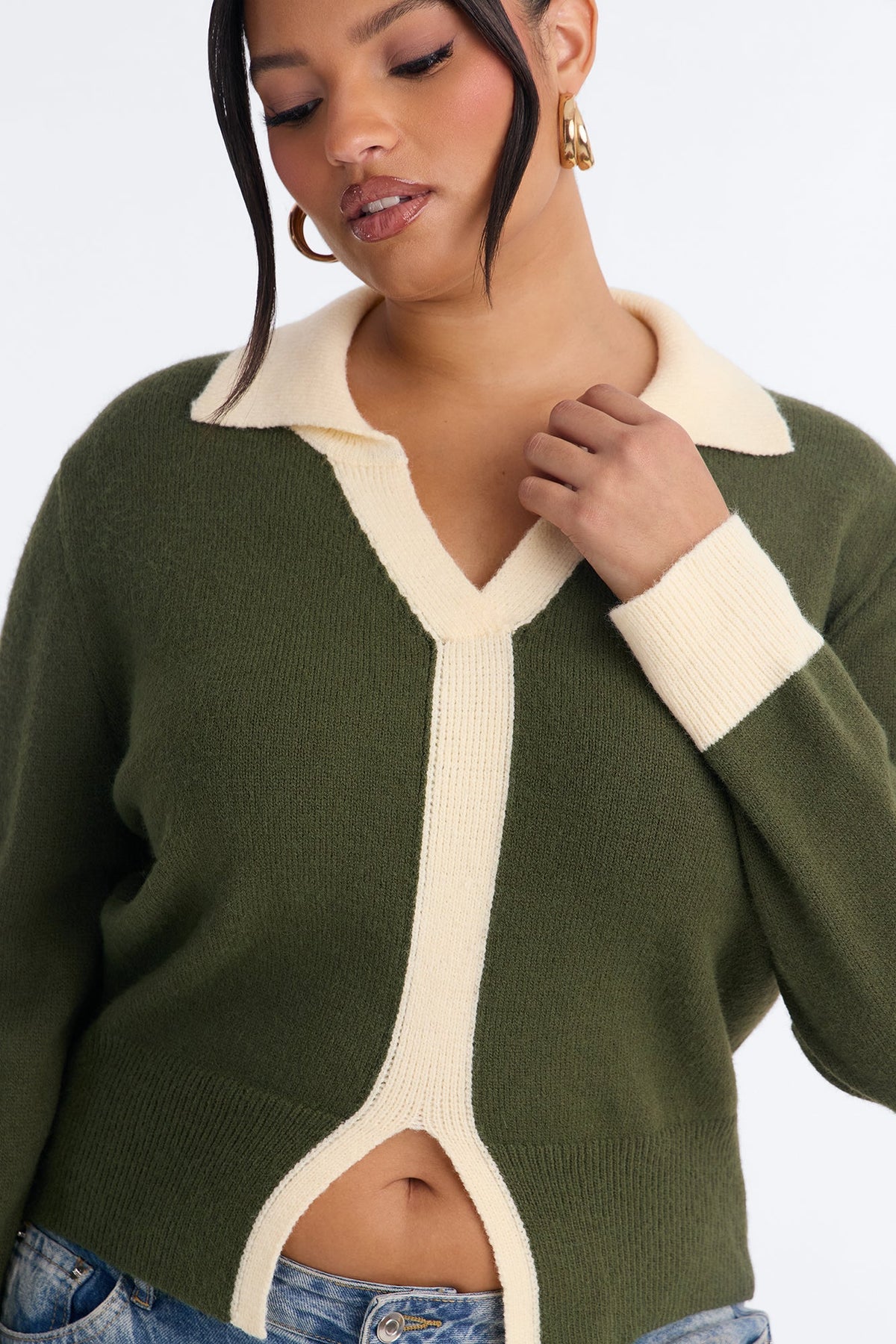 All About It Contrast Pullover Sweater - Olive/combo