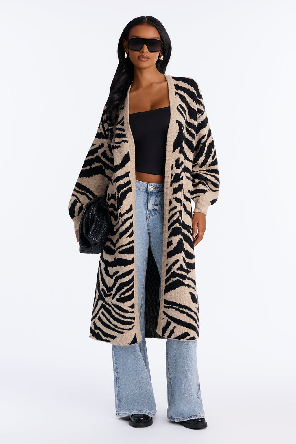 Zianna Open Front Zebra Maxi Cardigan - Taupe/combo