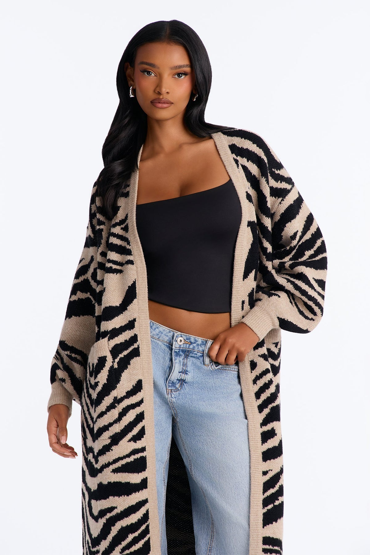Zianna Open Front Zebra Maxi Cardigan - Taupe/combo