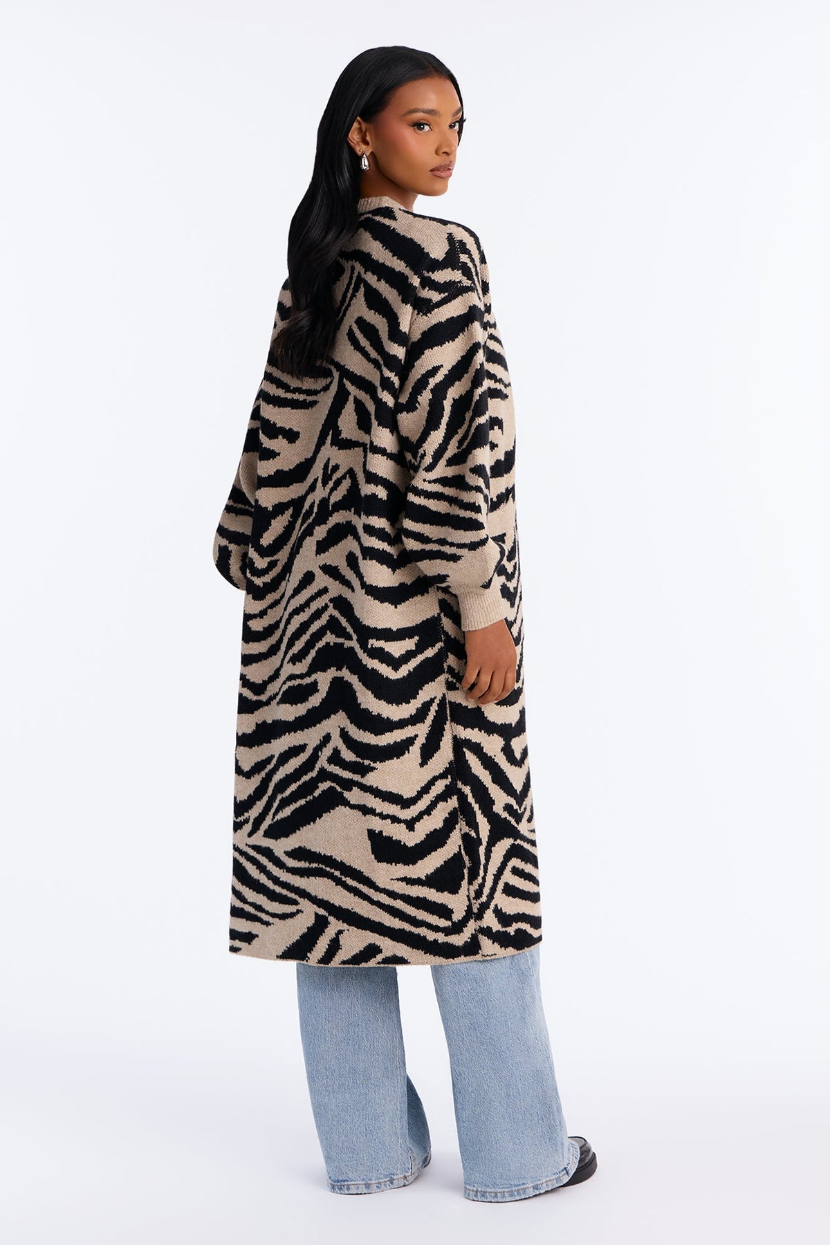 Zianna Open Front Zebra Maxi Cardigan - Taupe/combo