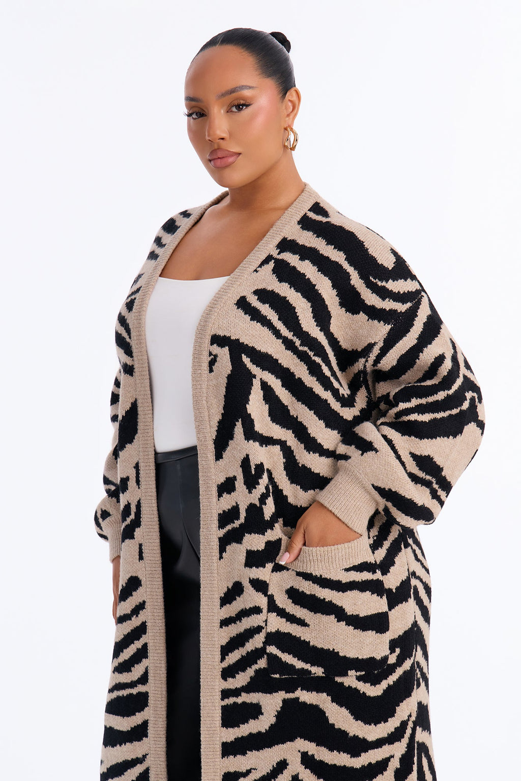 Zianna Open Front Zebra Maxi Cardigan - Taupe/combo