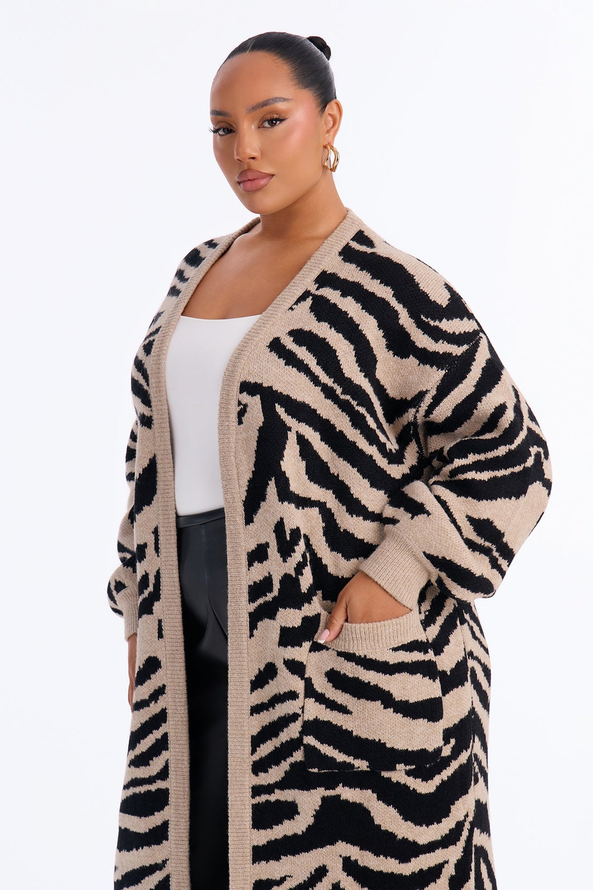 Zianna Open Front Zebra Maxi Cardigan - Taupe/combo