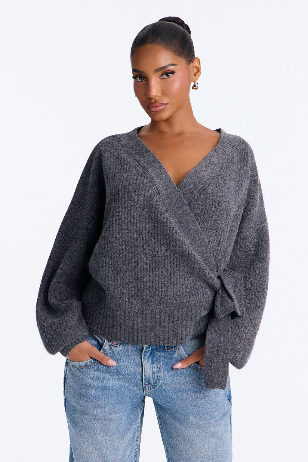 Ice Drift Long Sleeve Surplice Cardigan - Charcoal
