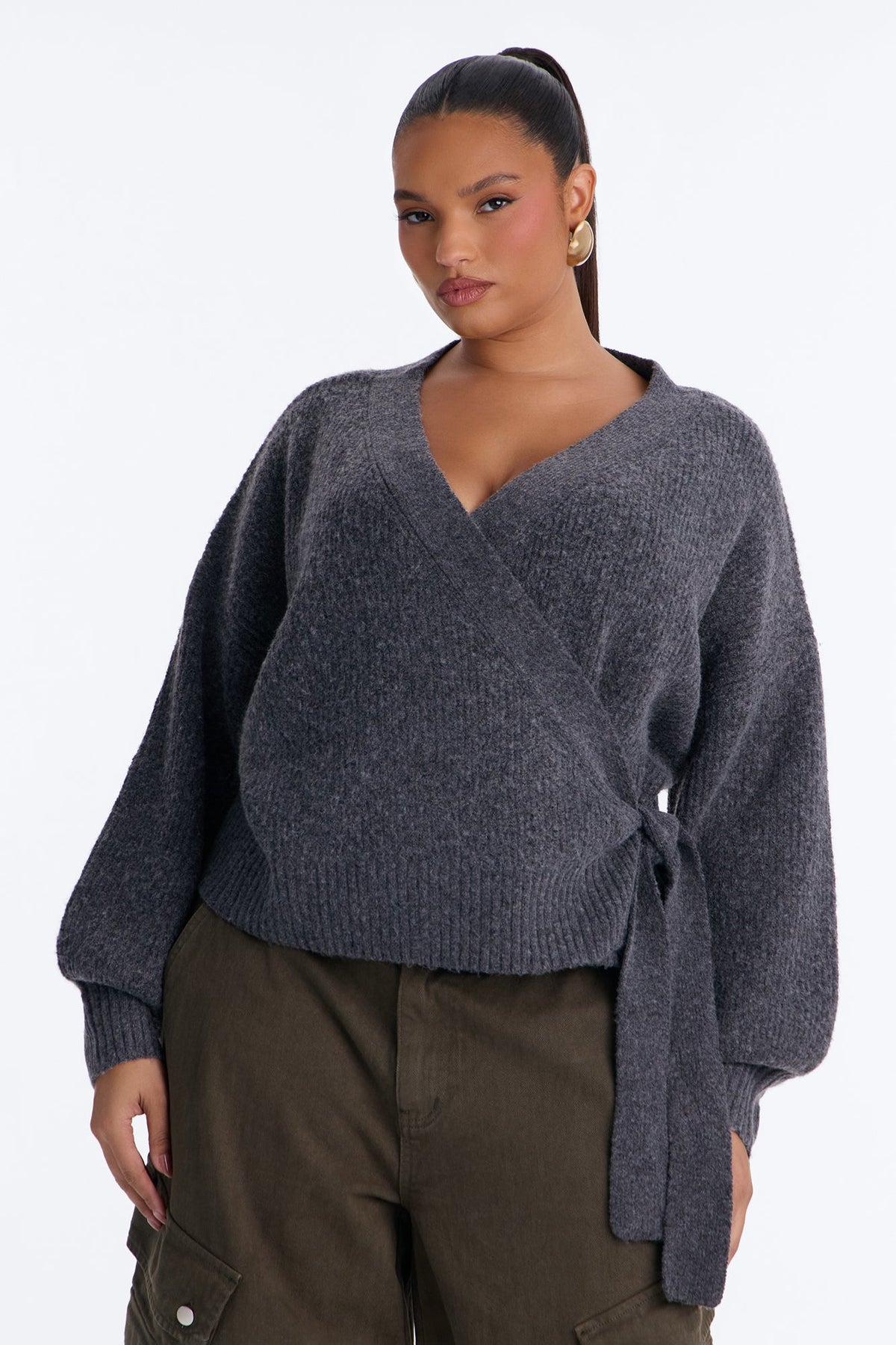 Ice Drift Long Sleeve Surplice Cardigan - Charcoal