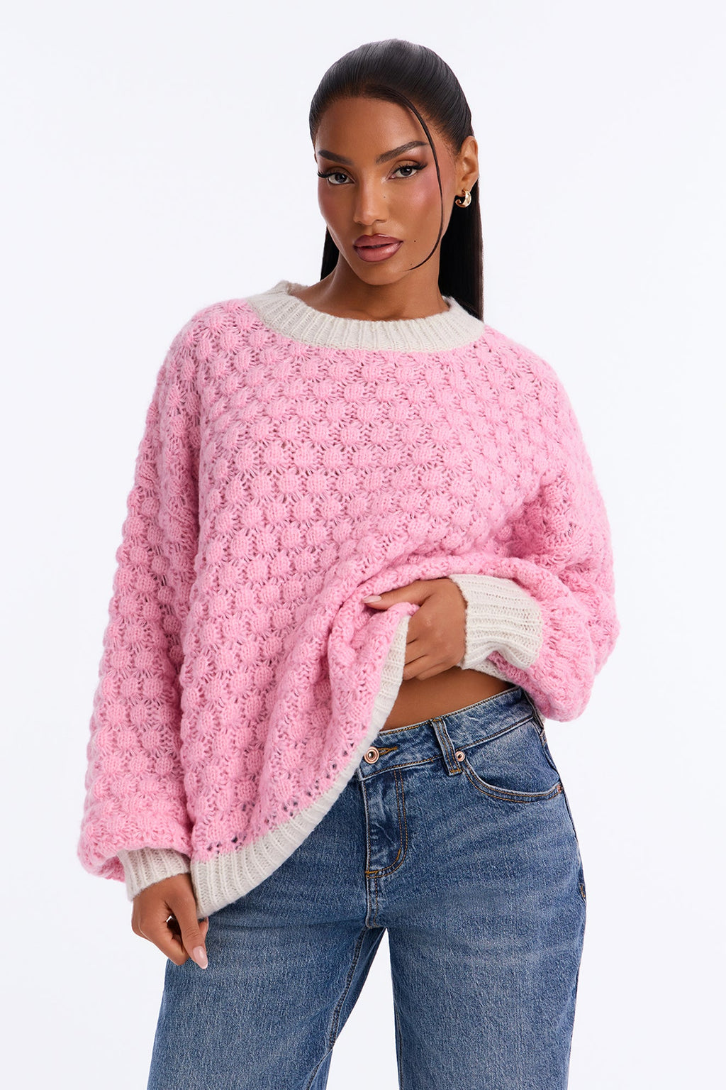 Chilly Evenings Chunky Knit Pullover Sweater - Pink/combo