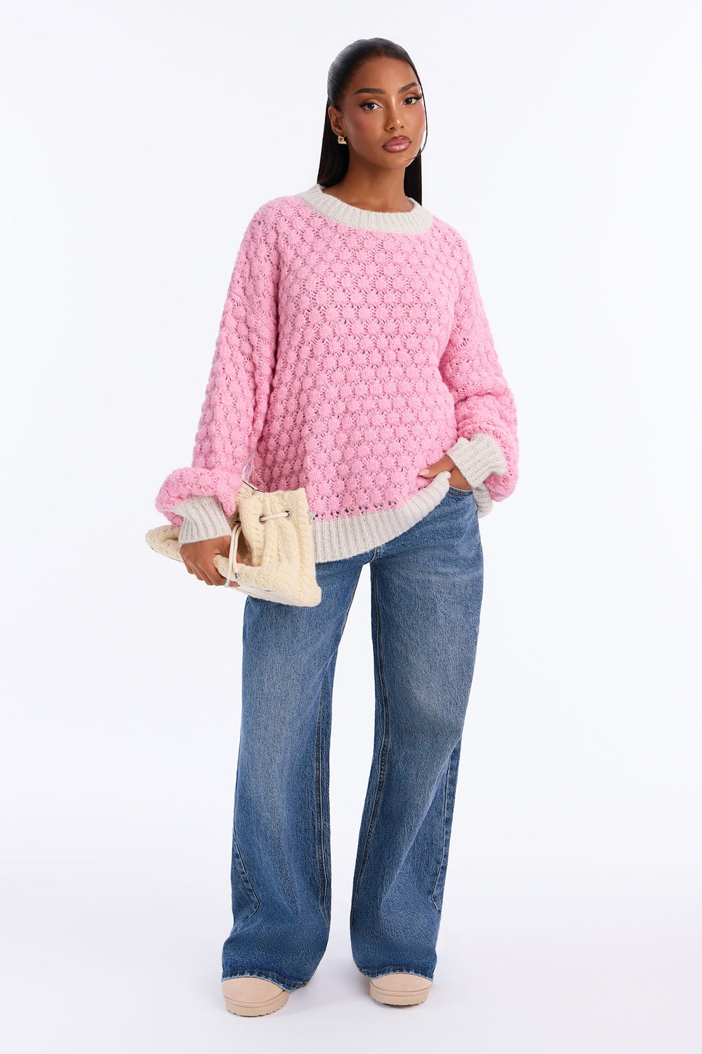 Chilly Evenings Chunky Knit Pullover Sweater - Pink/combo