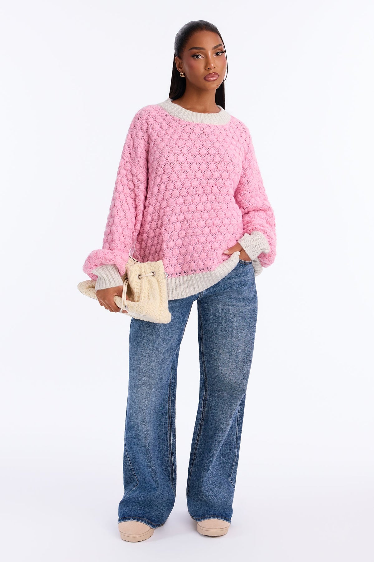 Chilly Evenings Chunky Knit Pullover Sweater - Pink/combo