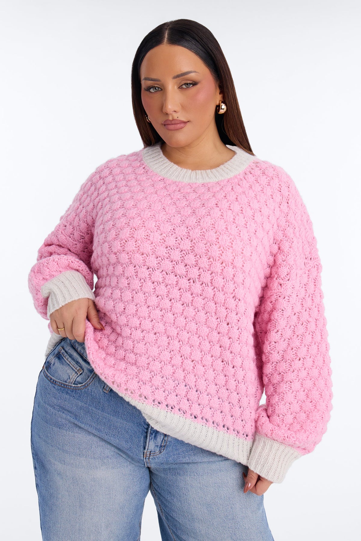 Chilly Evenings Chunky Knit Pullover Sweater - Pink/combo
