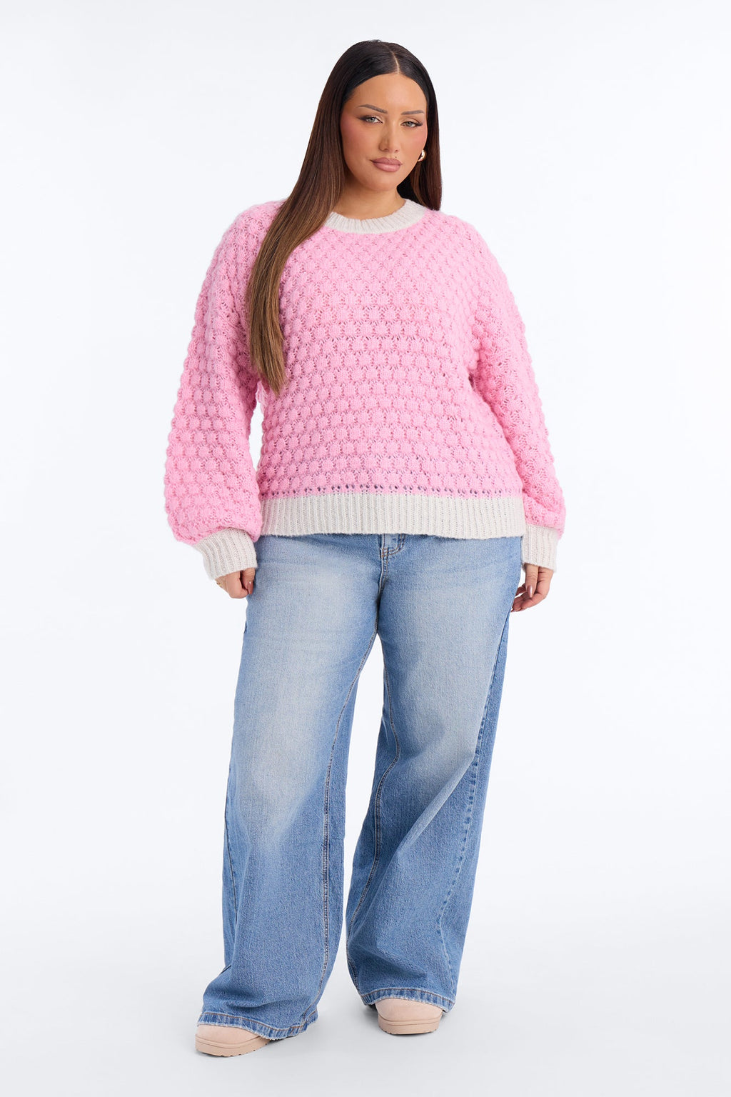 Chilly Evenings Chunky Knit Pullover Sweater - Pink/combo