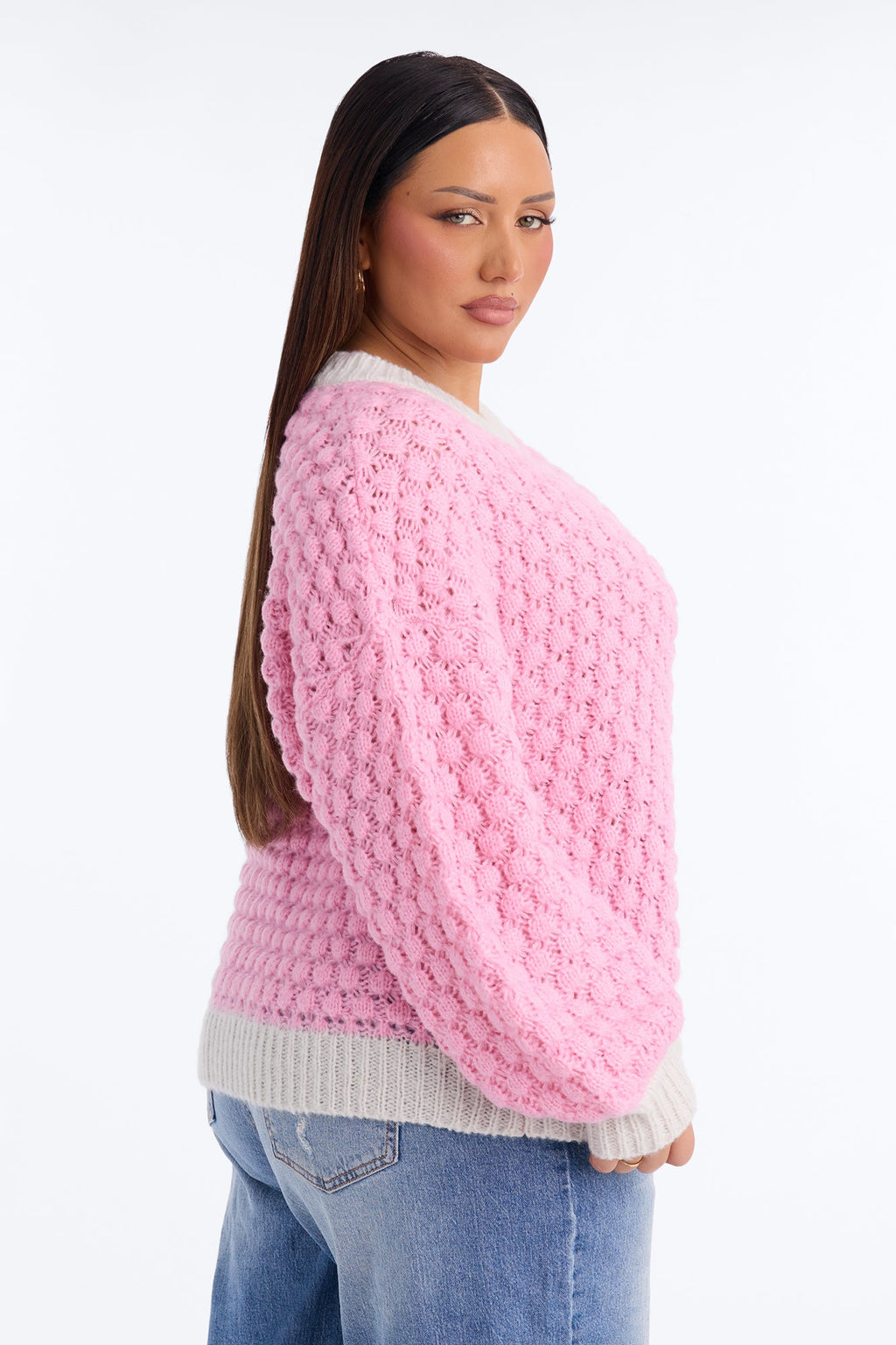 Chilly Evenings Chunky Knit Pullover Sweater - Pink/combo